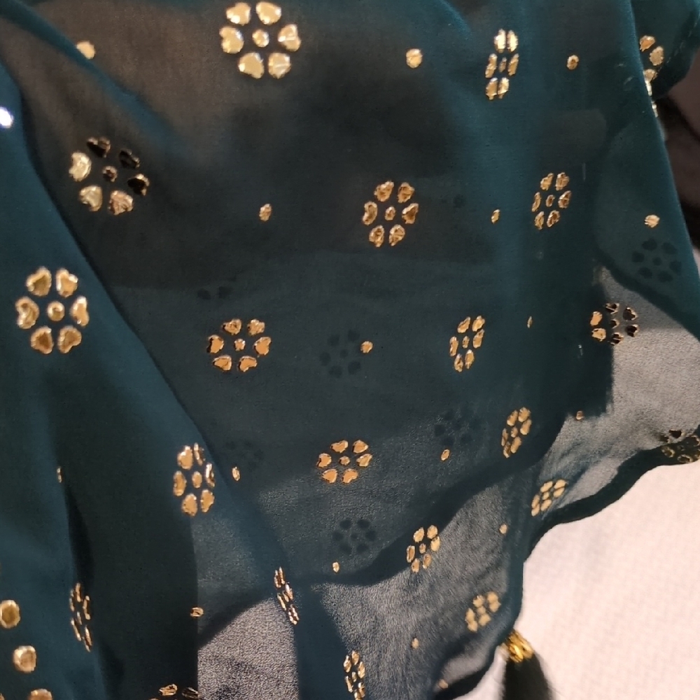 Formal Dress: Deep Green w/Gold Embellishments & Flowy Cape on Modest Sleeveless - Picture 14 of 16